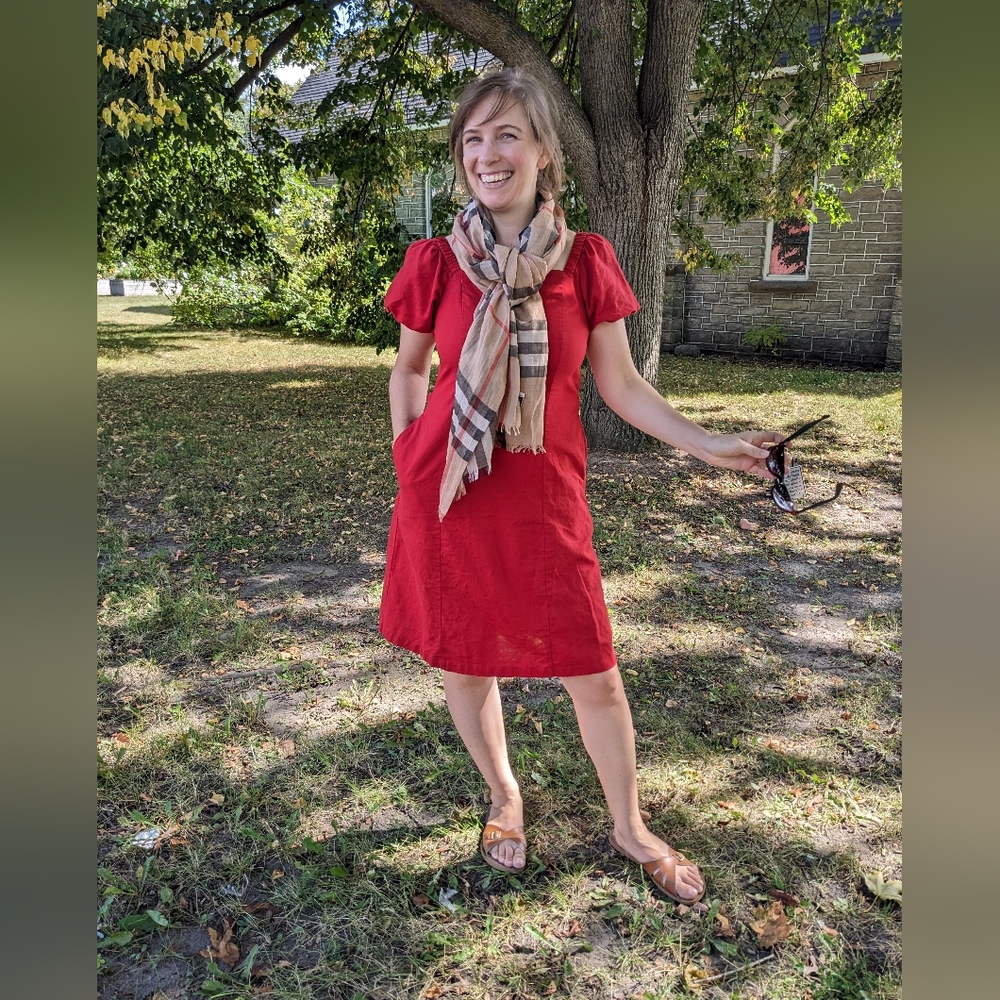 Grae Cove Linen Blend Summer Dress, Medium, Red Puff Sleeves